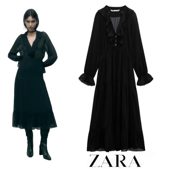 ZARA | Black | MIDI DRESS WITH RUFFLES - Picture 1 of 9